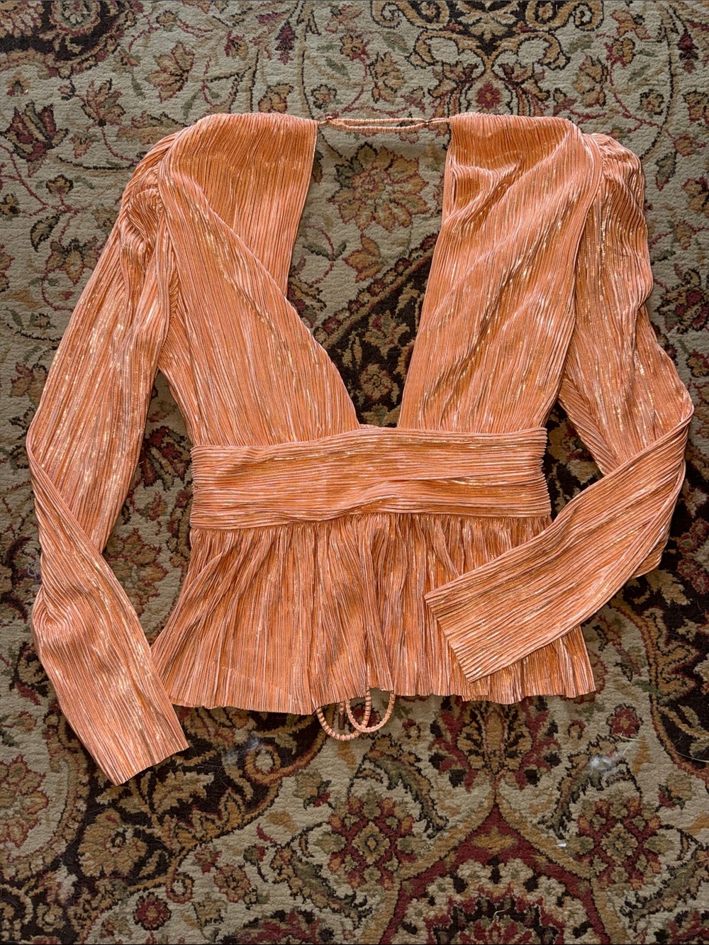 Sabina Musayev Plissé V-Neck Peplum Blouse in Burnt Orange with Gold Lurex